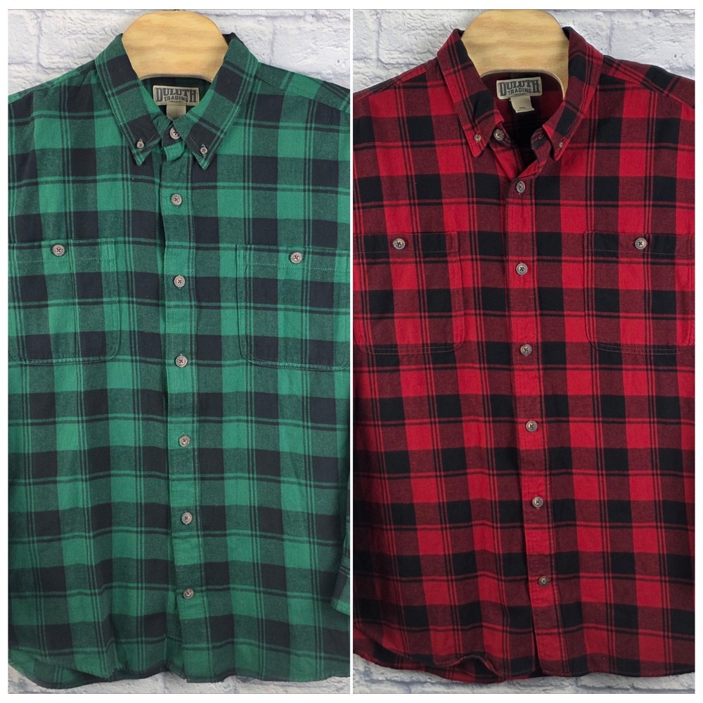 Lot of 2 Duluth Trading Co‎ Men Flannel Shirts Red Green Plaid Button Size 2XL